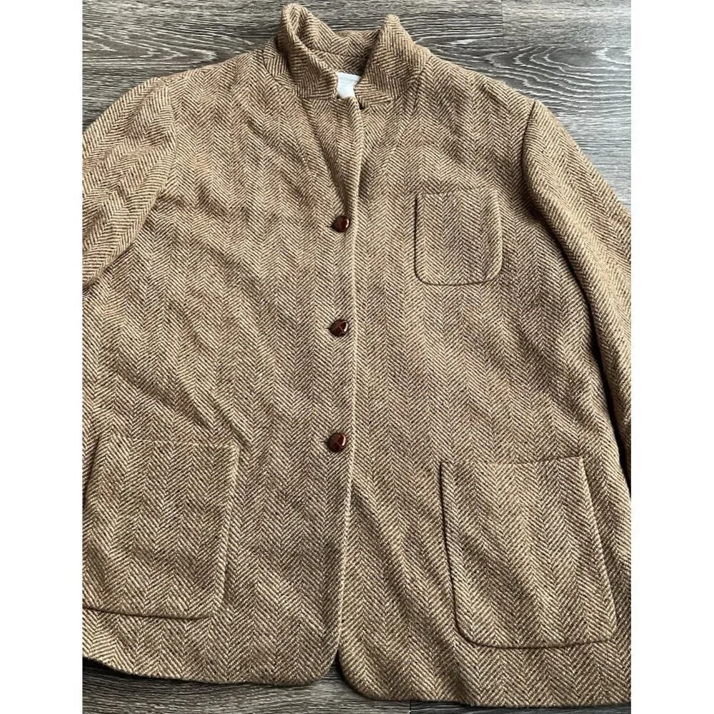 Liz Claiborne Vintage Women’s 14 Tan Charcoal Wool Bl Chunky Tweed Blazer Jacket